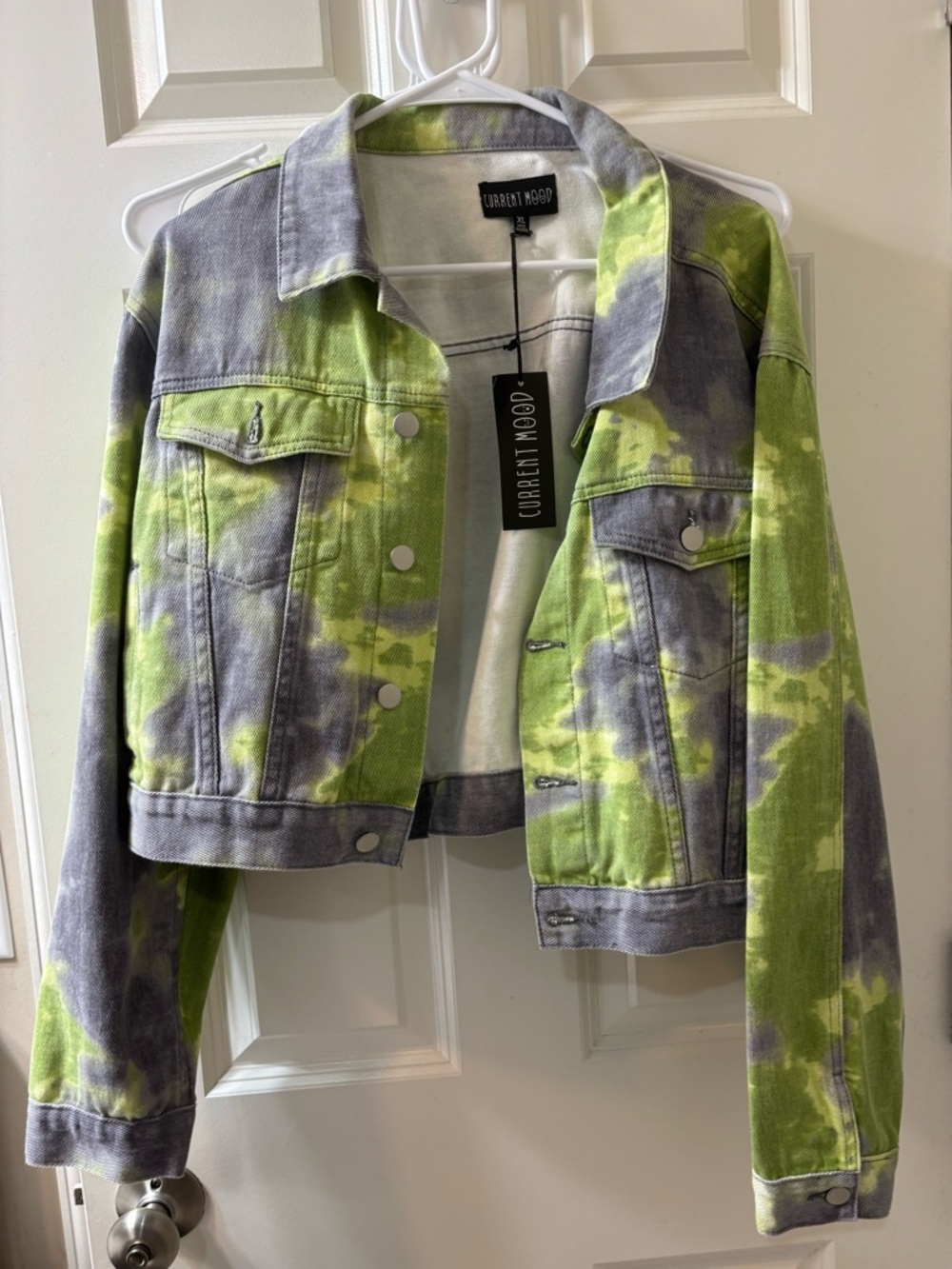 Dolls Kill Neon Green and Gray Tie-Dye Cropped Denim Jacket